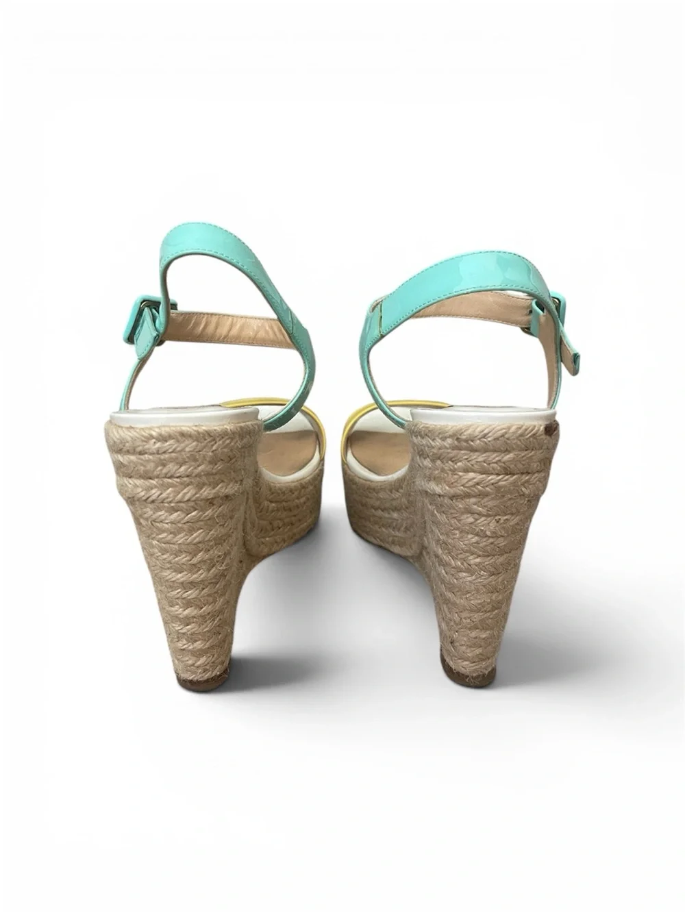 Christian Louboutin Turquoise Yellow Patent Espadrille Wedge Sandals 38 $325